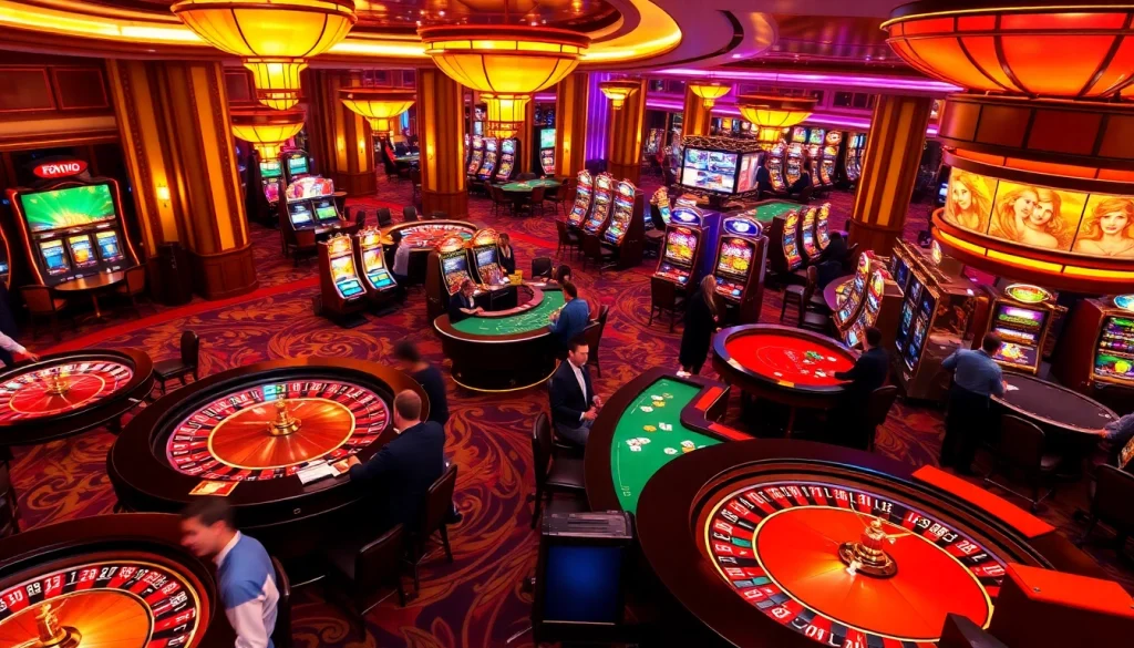 Iwin68 players enjoying exciting casino games at vibrant tables and slot machines.