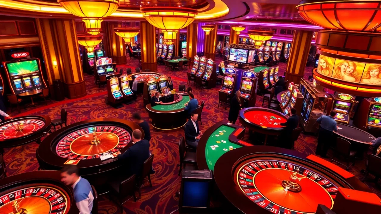 Iwin68 players enjoying exciting casino games at vibrant tables and slot machines.