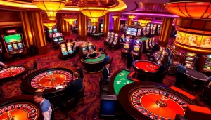 Iwin68 players enjoying exciting casino games at vibrant tables and slot machines.